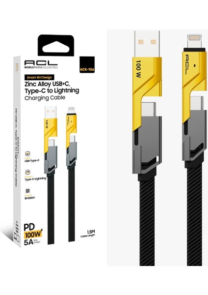 4 In 1 Usb+C Type C To Lightning Şarj Kablosu, Metal Başlık Sağlam Kopmaz Kablo 100 W Pd Hızlı Şarj Ios Typec USB