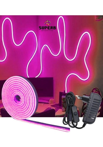 Sb-6535 5 Metre Neon LED Pembe Işık Aç Kapa Butonlu Adaptörlü Şerit LED