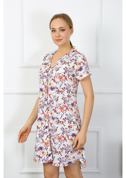 Kadın Penye Kısa Kol Düğmeli Ekru Tunik Gecelik 13104