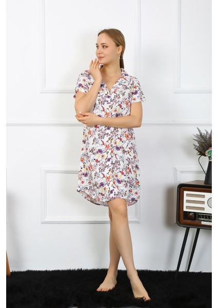 Kadın Penye Kısa Kol Düğmeli Ekru Tunik Gecelik 13104 modelleri