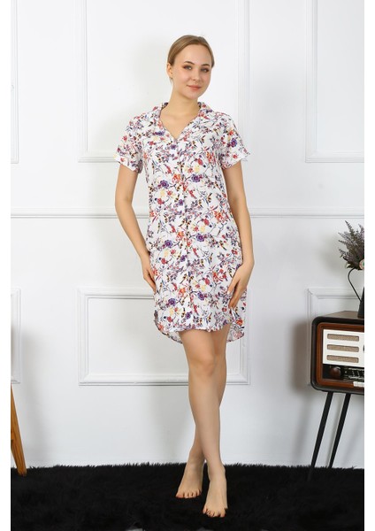 Kadın Penye Kısa Kol Düğmeli Ekru Tunik Gecelik 13104 fırsatları