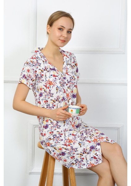 Kadın Penye Kısa Kol Düğmeli Ekru Tunik Gecelik 13104 indirimleri