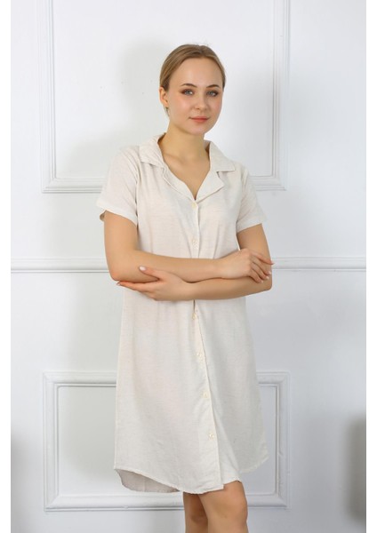 Kadın Pamuk Keten Kısa Kol Düğmeli Krem Tunik Gecelik 13108