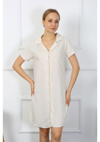 Kadın Pamuk Keten Kısa Kol Düğmeli Krem Tunik Gecelik 13108 fiyatları