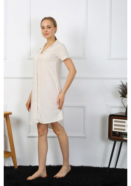 Kadın Pamuk Keten Kısa Kol Düğmeli Krem Tunik Gecelik 13108 fırsatları