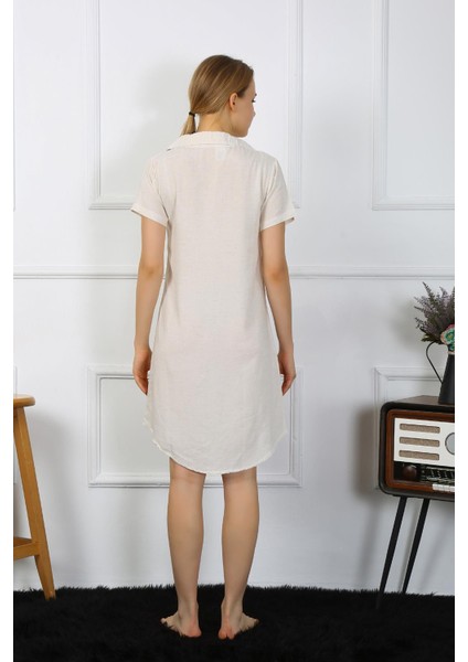 Kadın Pamuk Keten Kısa Kol Düğmeli Krem Tunik Gecelik 13108 indirimleri
