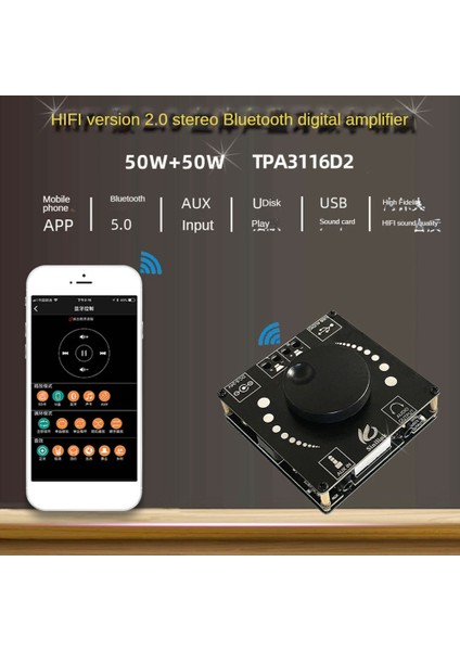 XY-AP50H Hıfı Ateş 2.0 Stereo Bluetooth5.0 Amplifikatör Kartı TPA3116D2 50W+50W Yüksek Bas Ayarlanabilir Stereo Ses Modülü (Yurt Dışından)