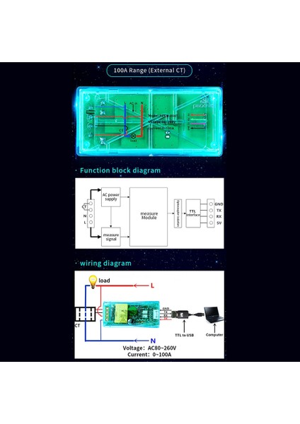 100A Pzem 004T 3.0 Wattmetre + Kasa + Yakın Ct Kwh Metre Volt Amp Akım Test Modülü Ttl Com2/com3/com4 (Yurt Dışından)