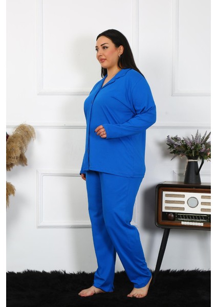 Kadın Büyük Beden Pamuklu Cepli Düğmeli Saks Pijama Takım 202401 indirimleri