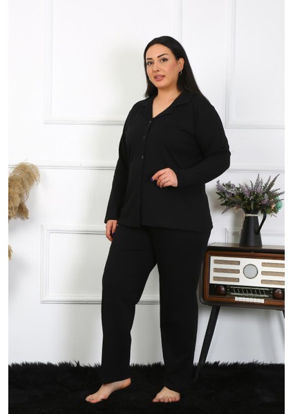 Kadın Büyük Beden Pamuklu Cepli Düğmeli Siyah Pijama Takım 202401 modelleri