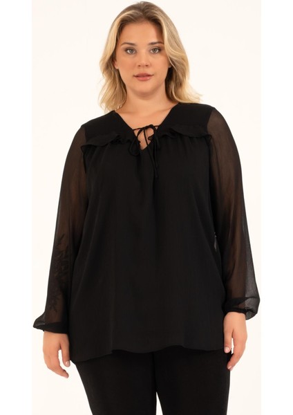 Önü Bağlamalı Fırfır Detaylı Bluz