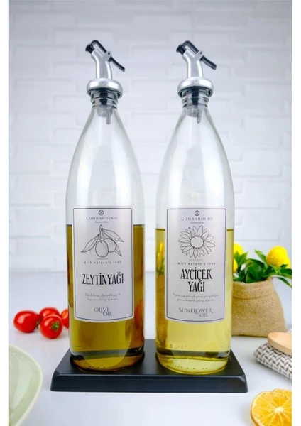 Vetro Metal Standlı 2'li Zeytinyağı Sıvıyağ Şişesi Gümüş Etiketli Yağdanlık 1000 ml SH-0042