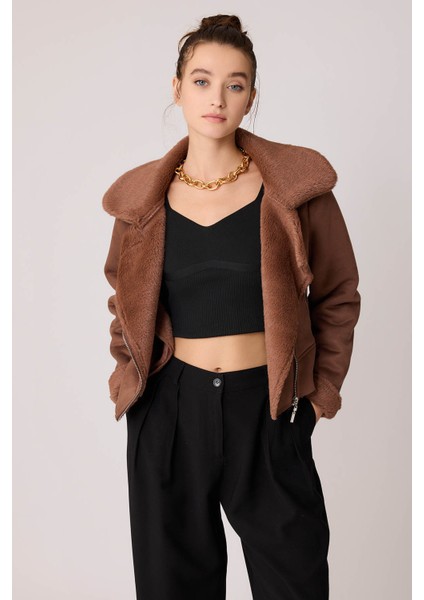 Içi Suni Kürklü Süet Crop Biker Ceket fiyatları