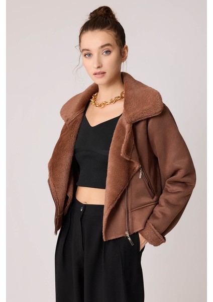 Içi Suni Kürklü Süet Crop Biker Ceket fırsatları