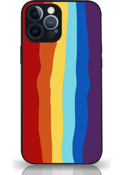 Apple iPhone 13 Pro Kamera Korumalı Renkli Gökkuşağı Desenli Cam Kapak Siyah