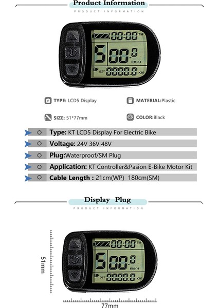 Ebike Kt-Lcd5 Ekran 24V36V48V72V 5 Pin Sm/su Geçirmez Konnektör Ekranı Elektrikli Bisiklet Için Akıllı Kontrol Paneli (Yurt Dışından)