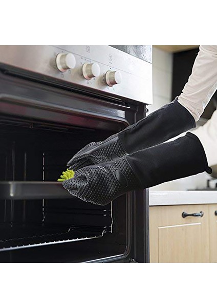 Ekstra Uzun Profesyonel Silikon Fırın Eldiveni, Mutfak, Barbekü, Fırınlama, Izgara Için Iç Pamuklu Isıya Dayanıklı Pişirme Eldiveni - Siyah (Yurt Dışından) fırsatları