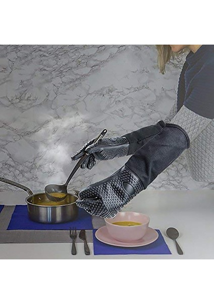 Ekstra Uzun Profesyonel Silikon Fırın Eldiveni, Mutfak, Barbekü, Fırınlama, Izgara Için Iç Pamuklu Isıya Dayanıklı Pişirme Eldiveni - Siyah (Yurt Dışından) indirimleri