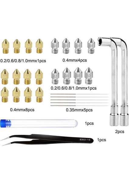 Çoğu 3D Yazıcı Meme Temizleme Değiştirme Kitleri Için, 0.2/0.4/0.6/0.8/1.0mm Meme, 0.35MM Temizleme Iğnesi, Anahtar, Cımbız (Yurt Dışından)