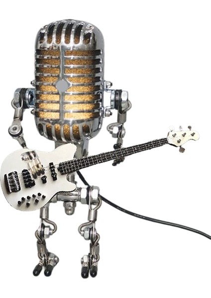 Retro Tarzı Vintage Mikrofon Robot Masa Lambası, Vintage Mikrofon Robot Dokunmatik Dimmer Lamba Masa Lambası Beyaz (Yurt Dışından)