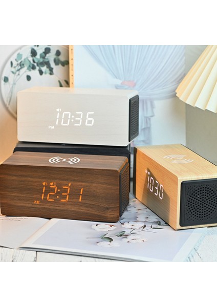 15W Akıllı Telefon Hızlı Şarj Bluetooth Ses Bilgisayar Hoparlör Erteleme Elektronik Saat LED Saat (Kahverengi) (Yurt Dışından)