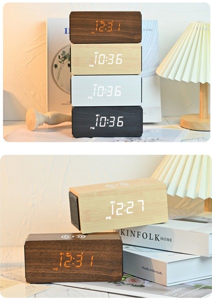 15W Akıllı Telefon Hızlı Şarj Bluetooth Ses Bilgisayar Hoparlör Erteleme Elektronik Saat LED Saat (Kahverengi) (Yurt Dışından)