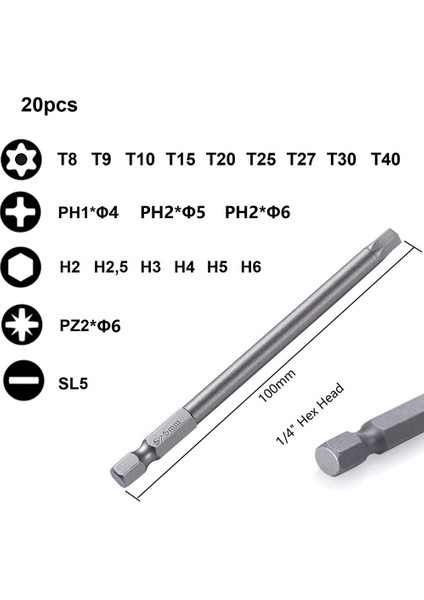 Uzun Uç Seti, Manyetik Uç Seti 20 Adet 100MM, Torx Bit T8-T40, Altıgen Uç H2-H6, Ph1 Ph2, Pz2, Oluklu Uç, 1/4 Inç Altıgen (Yurt Dışından)