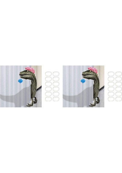 2x Komik Dinozor Duş Perdesi Banyo Perdesi Kanca ile Karikatür Banyo Dinozor Kumaş Duş Perdesi Çocuklar Için (Yurt Dışından)