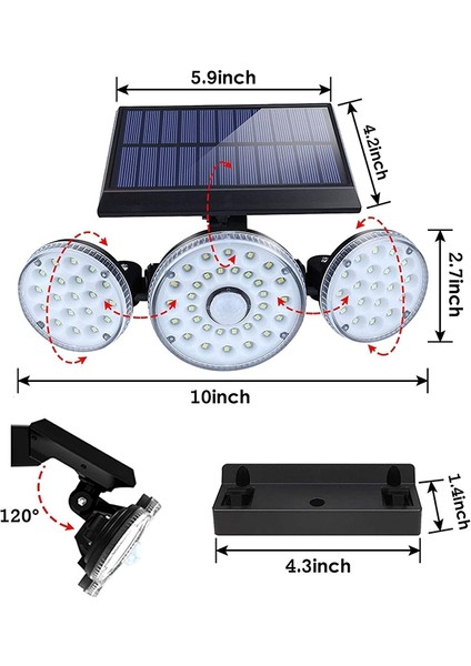 Güneş Işıkları, 3 Kafa Hareket Sensörü Işıkları Ayarlanabilir 140LED Projektör Işıkları Dış Mekan Spotları Bahçe Için 270 ° Döndürülebilir, Vb (Yurt Dışından)
