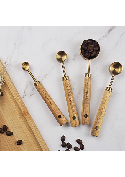 8x Ölçüm Kaşık Seti Ahşap Saplı Paslanmaz Çelik Ölçüm Kepçesi Pişirme Aracı Kiti Mutfak Aksesuarları 2 (Yurt Dışından)