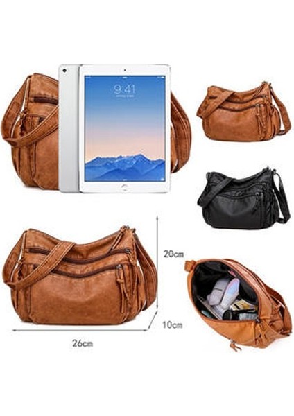 Xinhang Kadın Crossbody Pocketbook Ultra Yumuşak Yıkanmış Deri Çok Cepler Hafif Omuz Kadın Messenger Siyah Çanta (Yurt Dışından) modelleri