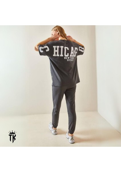Füme Arkası Baskılı Oversize Eşofman Takım