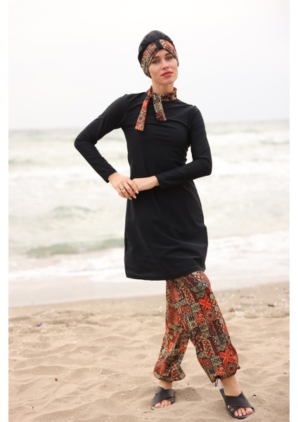 Tesettür Karo Baskı Detaylı Kadın Siyah Mayo