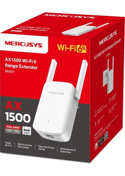 ME60X, AX1500 Mbps, 1 Gigabit Bağlantı Noktası ve 2 Harici Anten, Dahili Access Point Modu, Tek Tuşla Kolay Kurulum, Mobil Uygulama Desteği, Dual-Band Wi-Fi 6 Menzil Genişletici