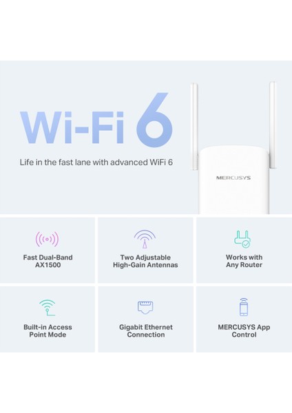 ME60X, AX1500 Mbps, 1 Gigabit Bağlantı Noktası ve 2 Harici Anten, Dahili Access Point Modu, Tek Tuşla Kolay Kurulum, Mobil Uygulama Desteği, Dual-Band Wi-Fi 6 Menzil Genişletici