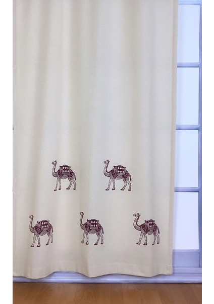 Pamukidea Deve Baskılı %100 Pamuklu Sade Düz Keten + Tahta Baskı Güneşlik Buldan - Bodrum Perdesi