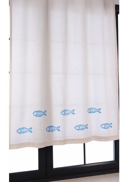 Mavi Balık Baskılı %100 Pamuklu Düz Keten + Tokat Taş Tahta Baskı Güneşlik Buldan Bodrum Perdesi fiyatları