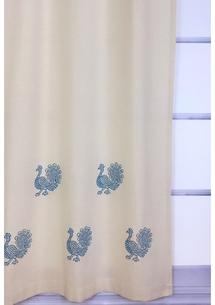 Pamukidea Mavi Tavus Kuşu Baskılı %100 Pamuklu Sade Düz Keten + Tokat Taş Tahta Baskı Güneşlik Buldan Perdesi fiyatları