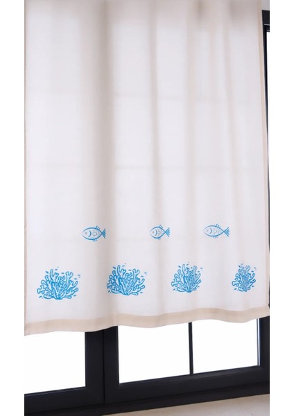 Mavi Mercan ve Balık Baskılı %100 Pamuklu Düz Keten + Tokat Taş Tahta Baskı Güneşlik Buldan Perdesi fiyatları