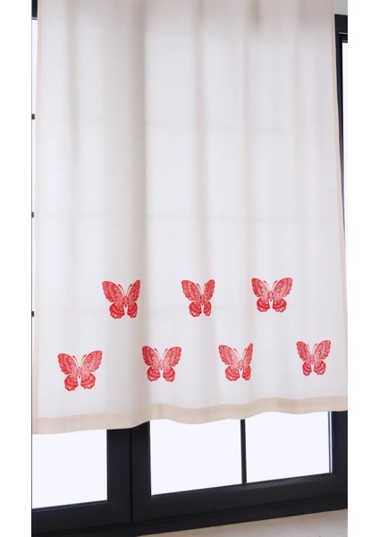 Kırmızı Kelebek Baskılı %100 Pamuklu Düz Keten + Tokat Taş Tahta Baskı Güneşlik Buldan Perdesi fiyatları