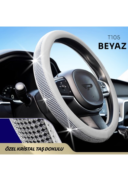 Panda Gümüş Taşlı Renkli Geçmeli Deri Oto Direksiyon Kılıfı