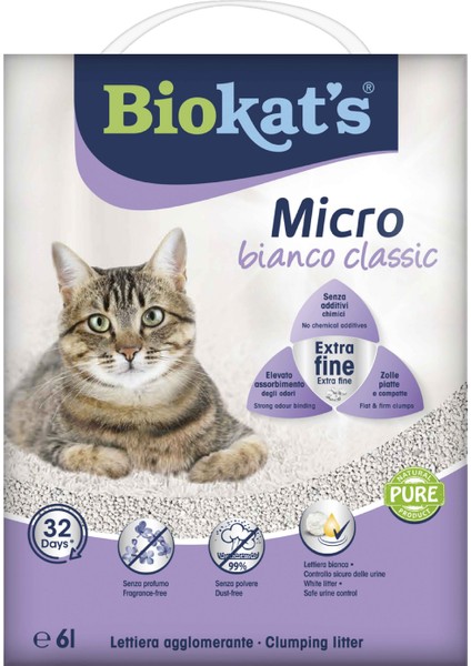 Tozsuz Topaklanan Kedi Kumu Micro Bianco Classic 6 lt