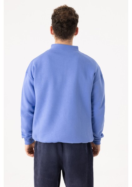 Erkek Indigo Fermuarlı Oversize Sweatshirt