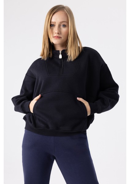 Kadın Siyah Fermuarlı Oversize Sweatshirt