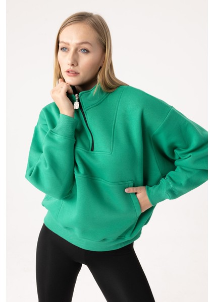 Kadın Yeşil Fermuarlı Oversize Sweatshirt