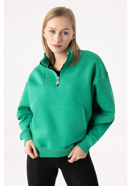 Kadın Yeşil Fermuarlı Oversize Sweatshirt