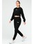 Siyah Regular Fit Düz Kapitone O Yaka Lastik Paça Crop Kadın Eşofman Takımı - SA2626 3