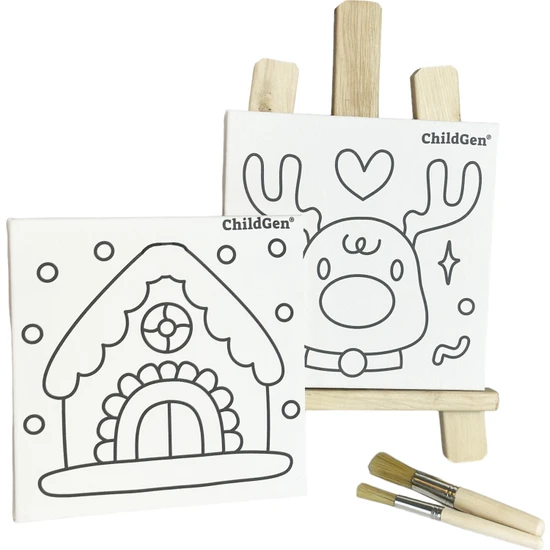 ChildGen Minik Sanatçı Seti Şövale 2'li Baskılı Tuval ve 2'li Fırça