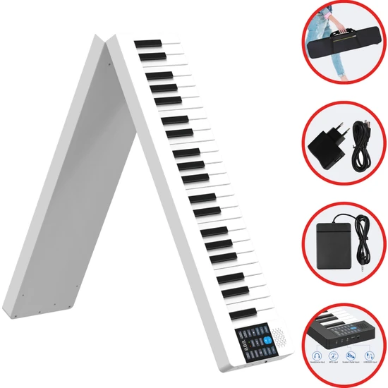 Jwin JDP-8800 Katlanabilir Tuş Hassasiyetli Bluetooth + Şarjlı Piyano - Beyaz