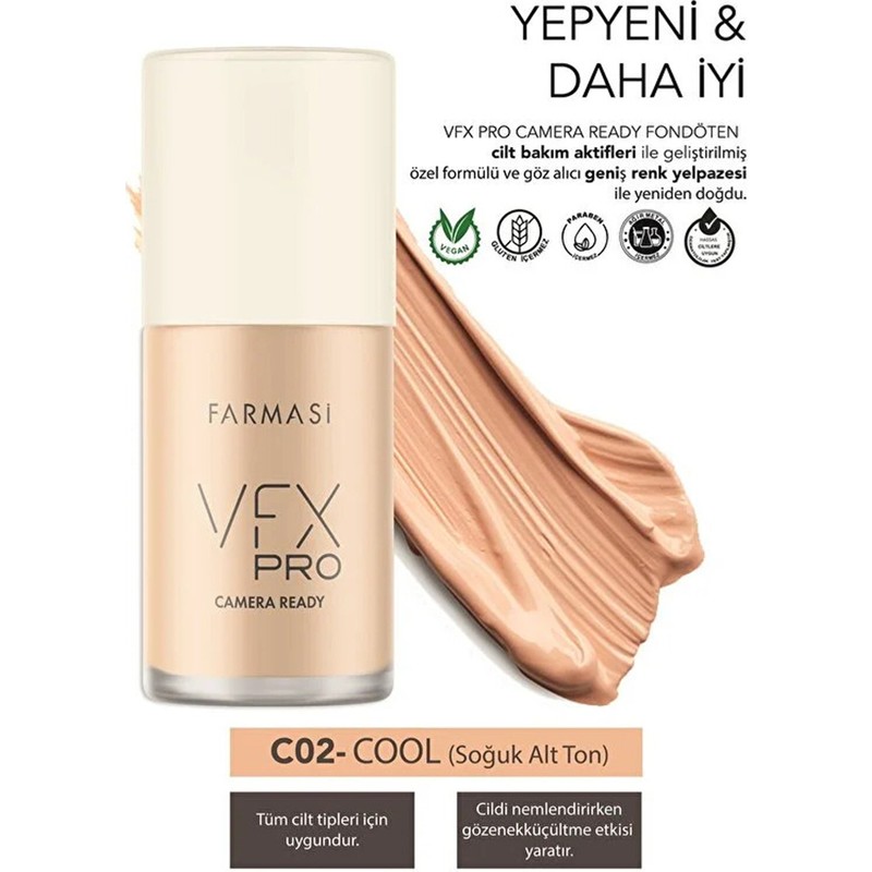 Farmasi Vfx Pro Camera Ready Fondöten C02 30 ml Soğuk Alt Ton Özellikli Pürüzsüz Görünüm